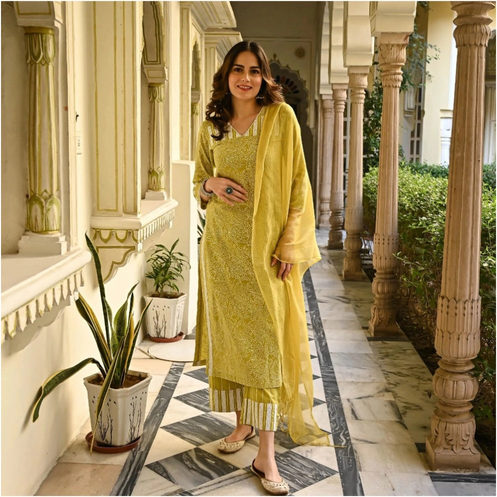 Women's Casual 3/4th Sleeve Printed Cotton Kurti Set (Mustard)