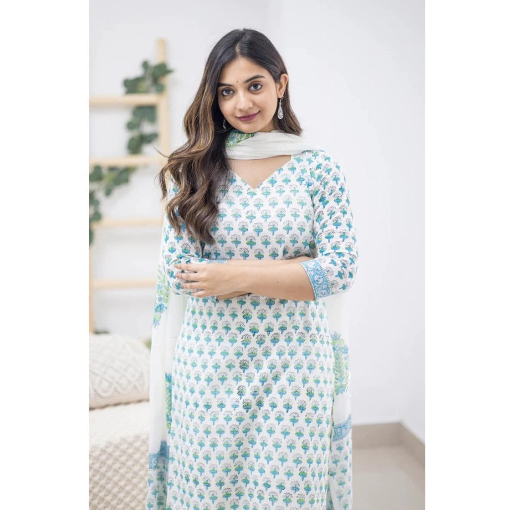 Women's Casual 3/4th Sleeve Printed Cotton Kurti Set (Sky Blue)