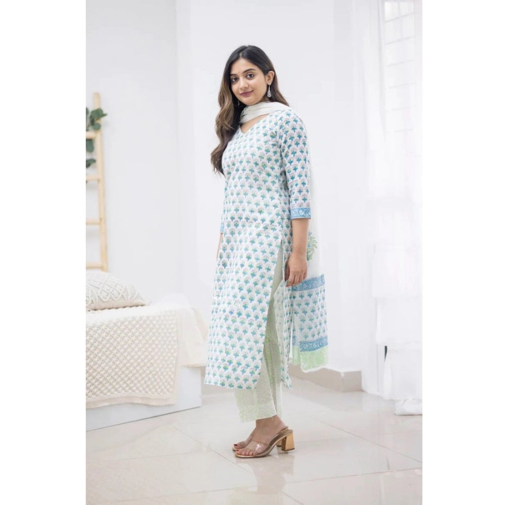 Women's Casual 3/4th Sleeve Printed Cotton Kurti Set (Sky Blue)