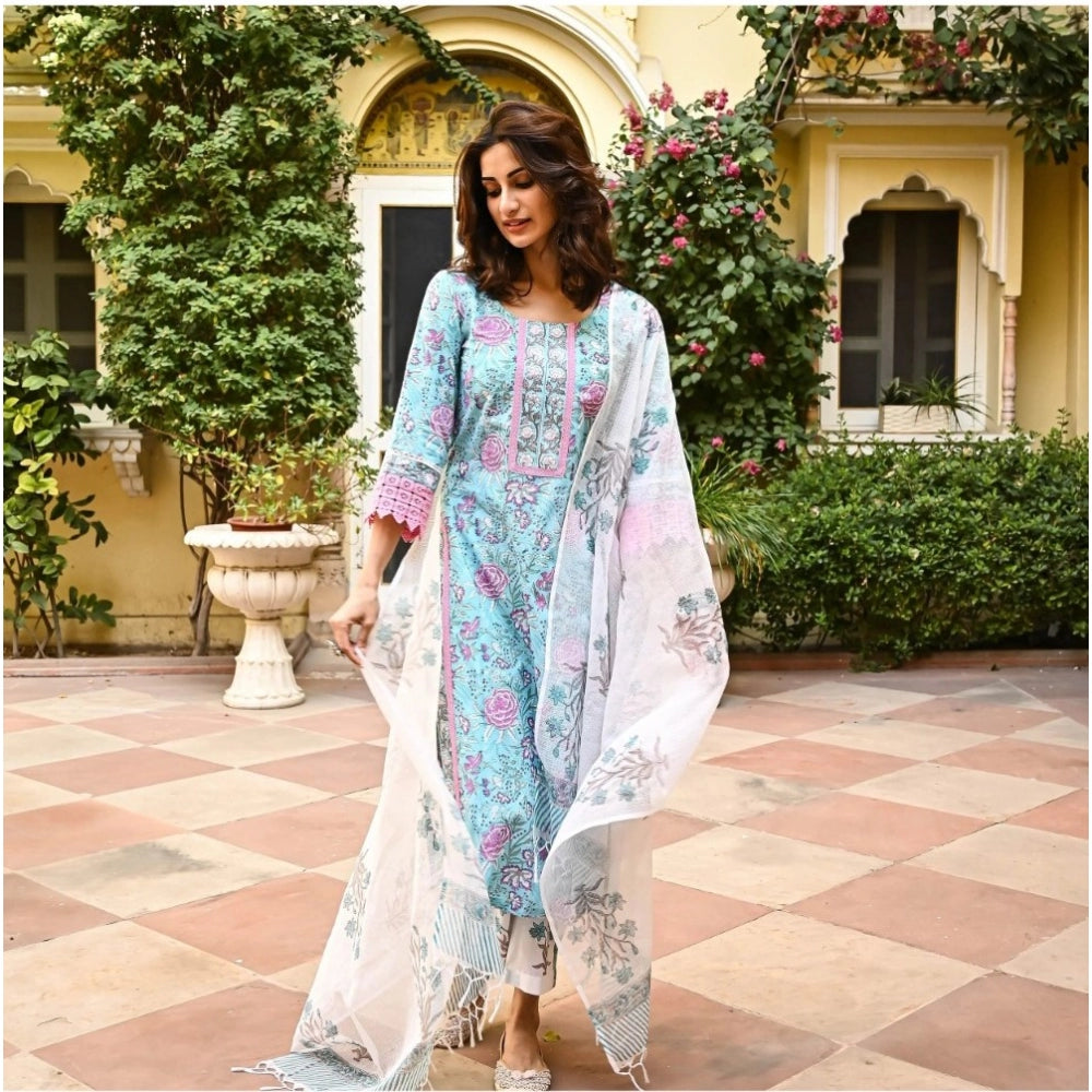 Women's Casual 3/4th Sleeve Floral Print Cotton Kurti Set (Skyblue)