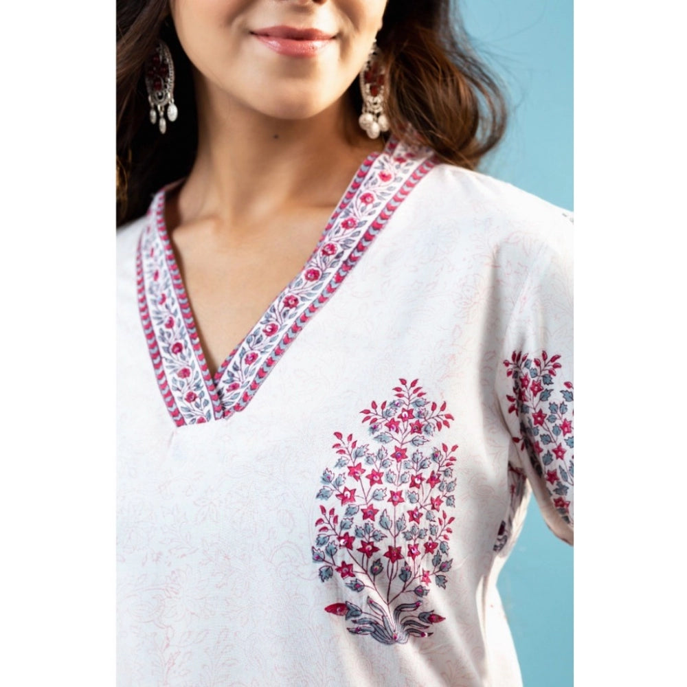 Women's Casual 3/4th Sleeve Floral Print Cotton Kurti Set (Off White)