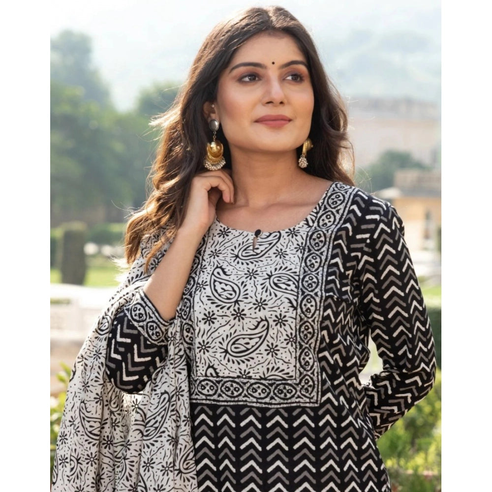 Women's Casual 3/4th Sleeve Printed Cotton Kurti Set (Black)