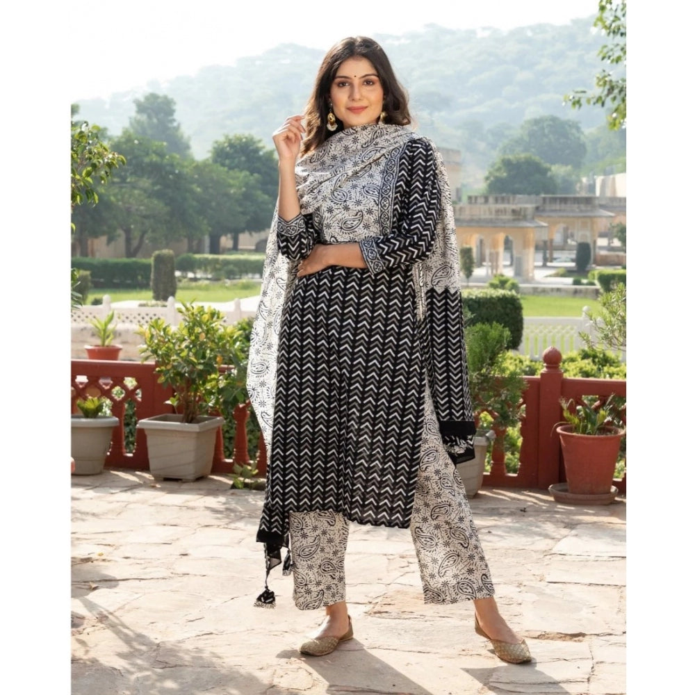 Women's Casual 3/4th Sleeve Printed Cotton Kurti Set (Black)