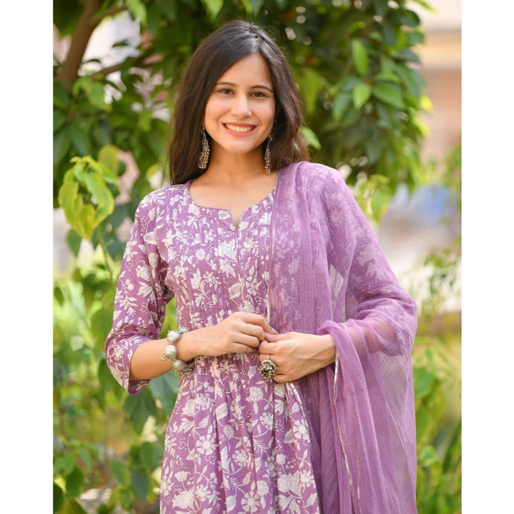 Women's Casual 3/4th Sleeve Printed Cotton Kurti Set (Purple)