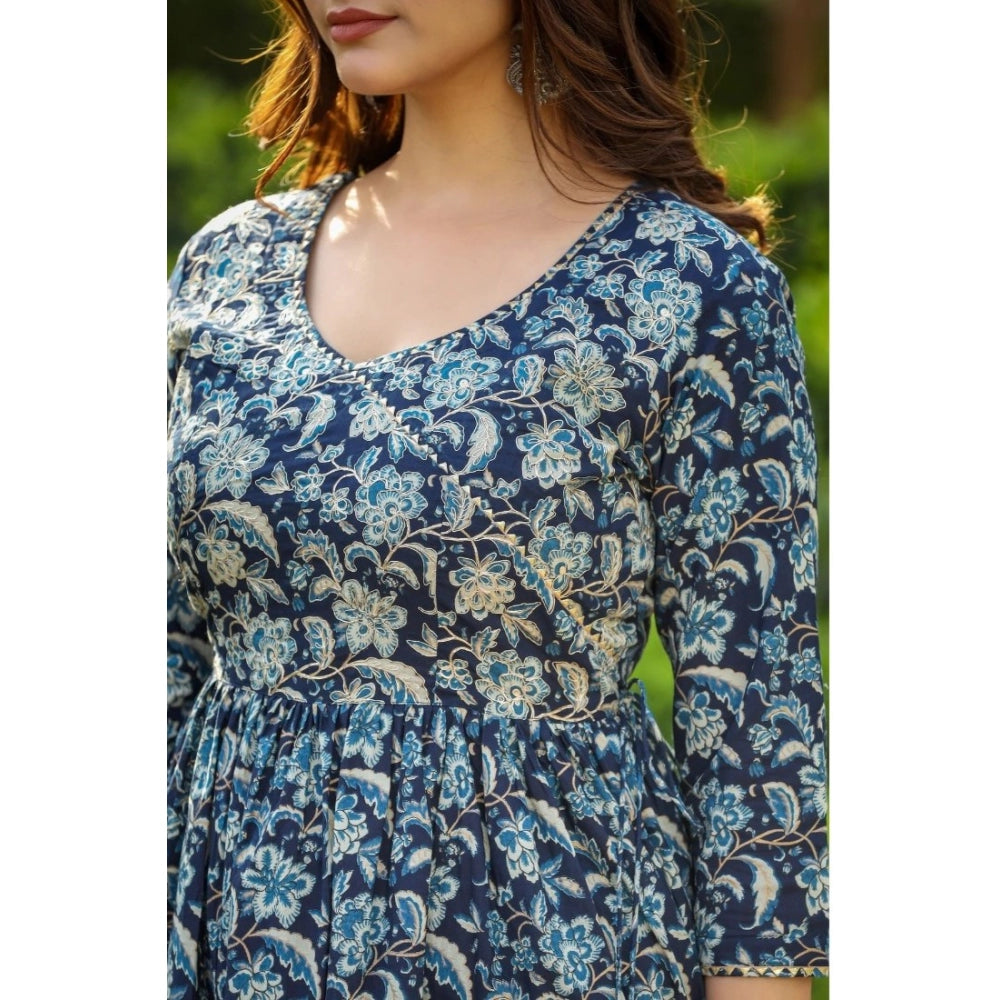 Women's Casual 3/4th Sleeve Printed Cotton Kurti Set (Navy Blue)