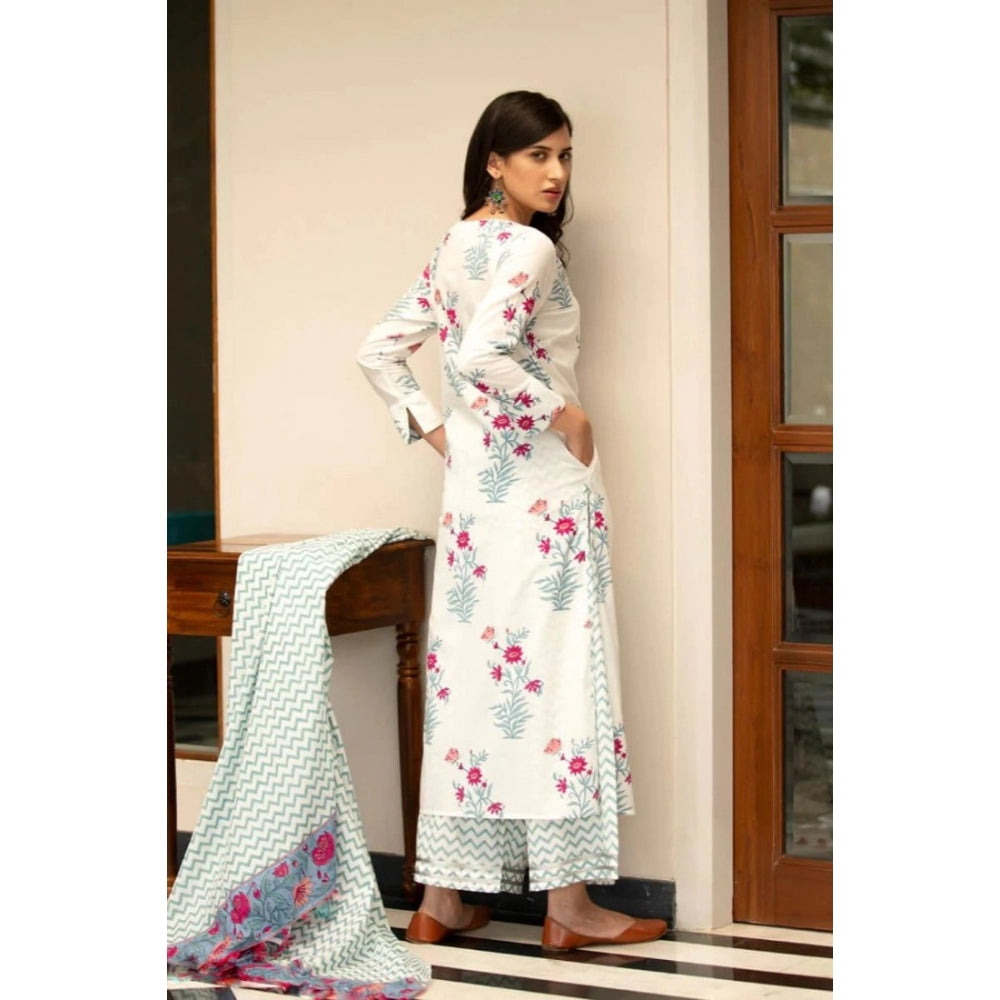 Women's Casual 3/4th Sleeve Floral Print Cotton Kurti Set (White)