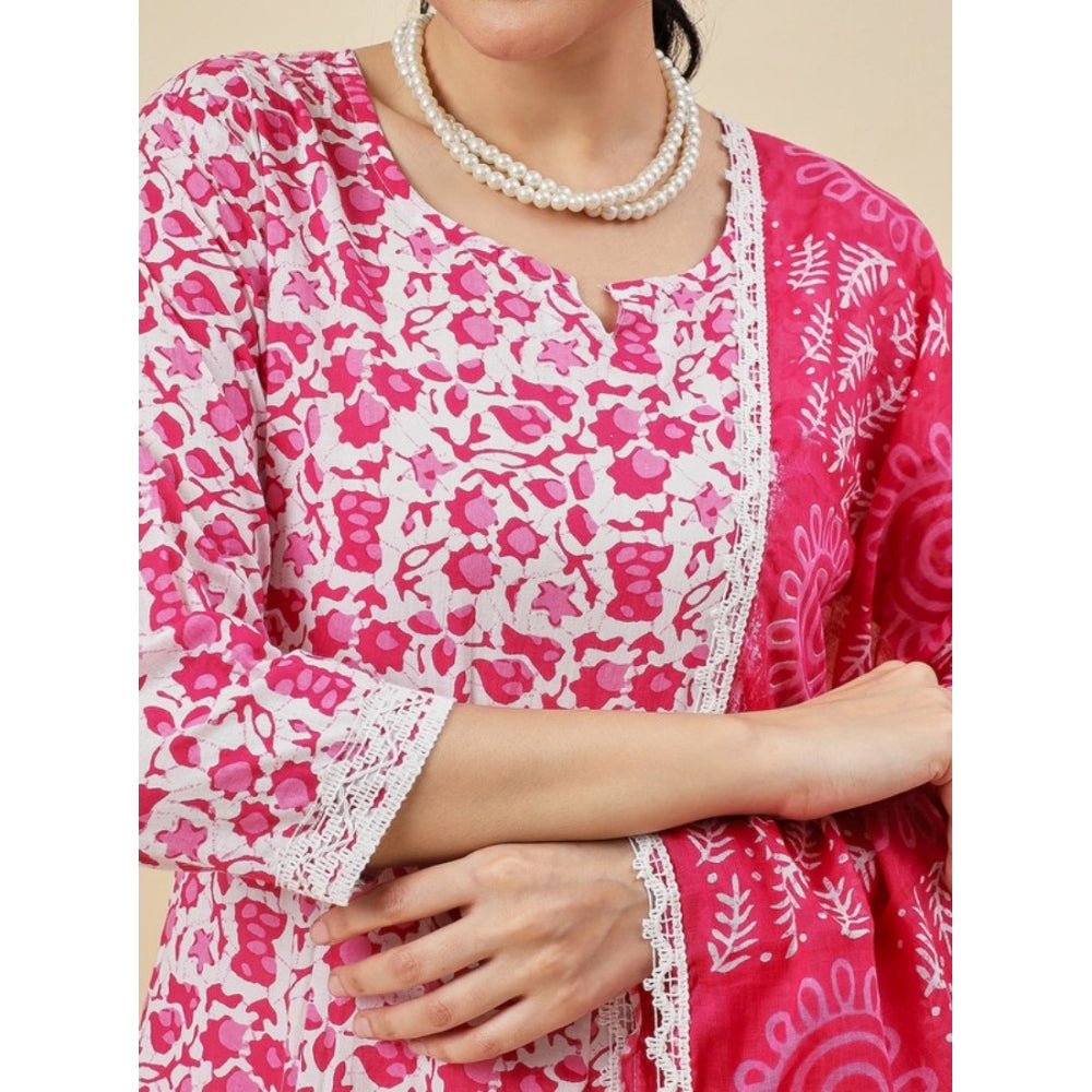 Women's Casual 3/4th Sleeve Printed Cotton Kurti Set (Pink)