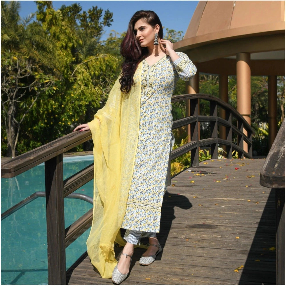 Women's Casual 3/4th Sleeve Printed Cotton Kurti Set (Yellow)