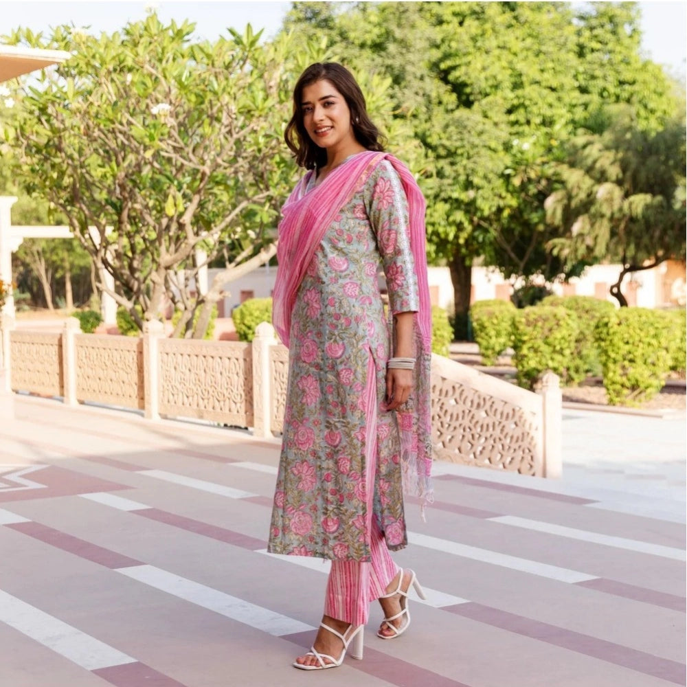 Women's Casual 3/4th Sleeve Printed Cotton Kurti Set (Pink)