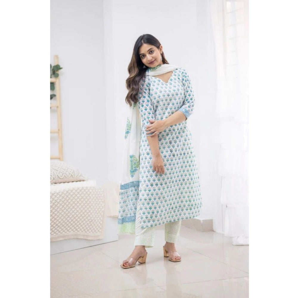 Women's Casual 3/4th Sleeve Printed Cotton Kurti Set (Sky Blue)