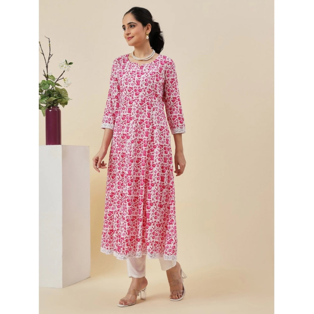 Women's Casual 3/4th Sleeve Printed Cotton Kurti Set (Pink)