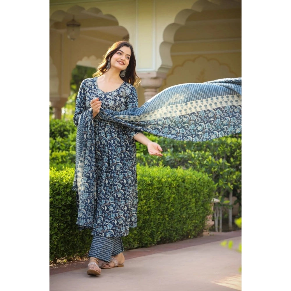 Women's Casual 3/4th Sleeve Printed Cotton Kurti Set (Navy Blue)