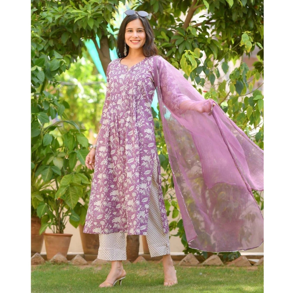 Women's Casual 3/4th Sleeve Printed Cotton Kurti Set (Purple)