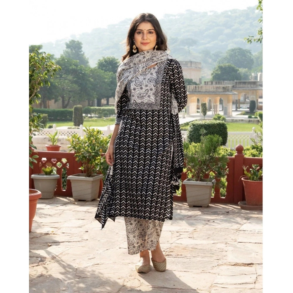 Women's Casual 3/4th Sleeve Printed Cotton Kurti Set (Black)