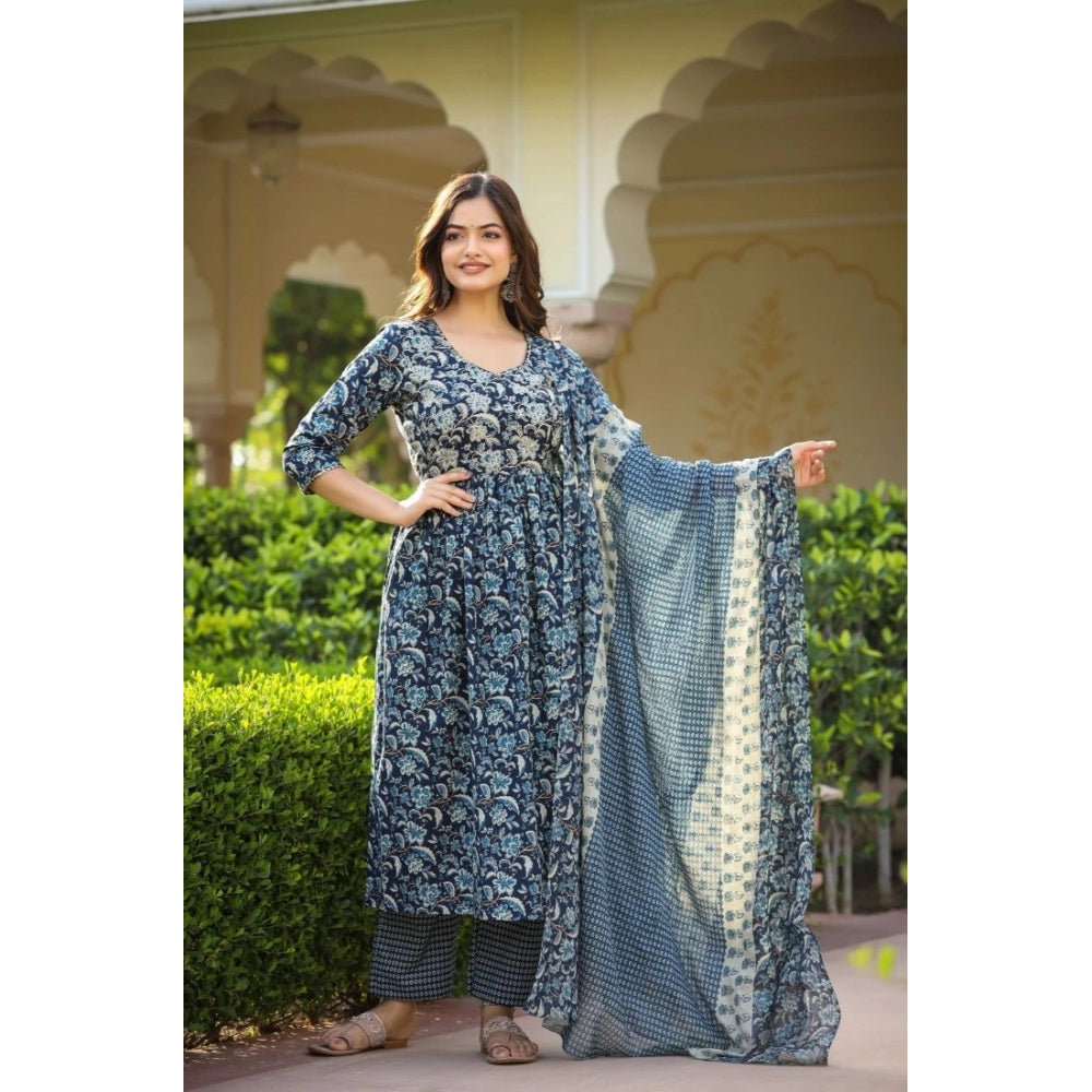 Women's Casual 3/4th Sleeve Printed Cotton Kurti Set (Navy Blue)