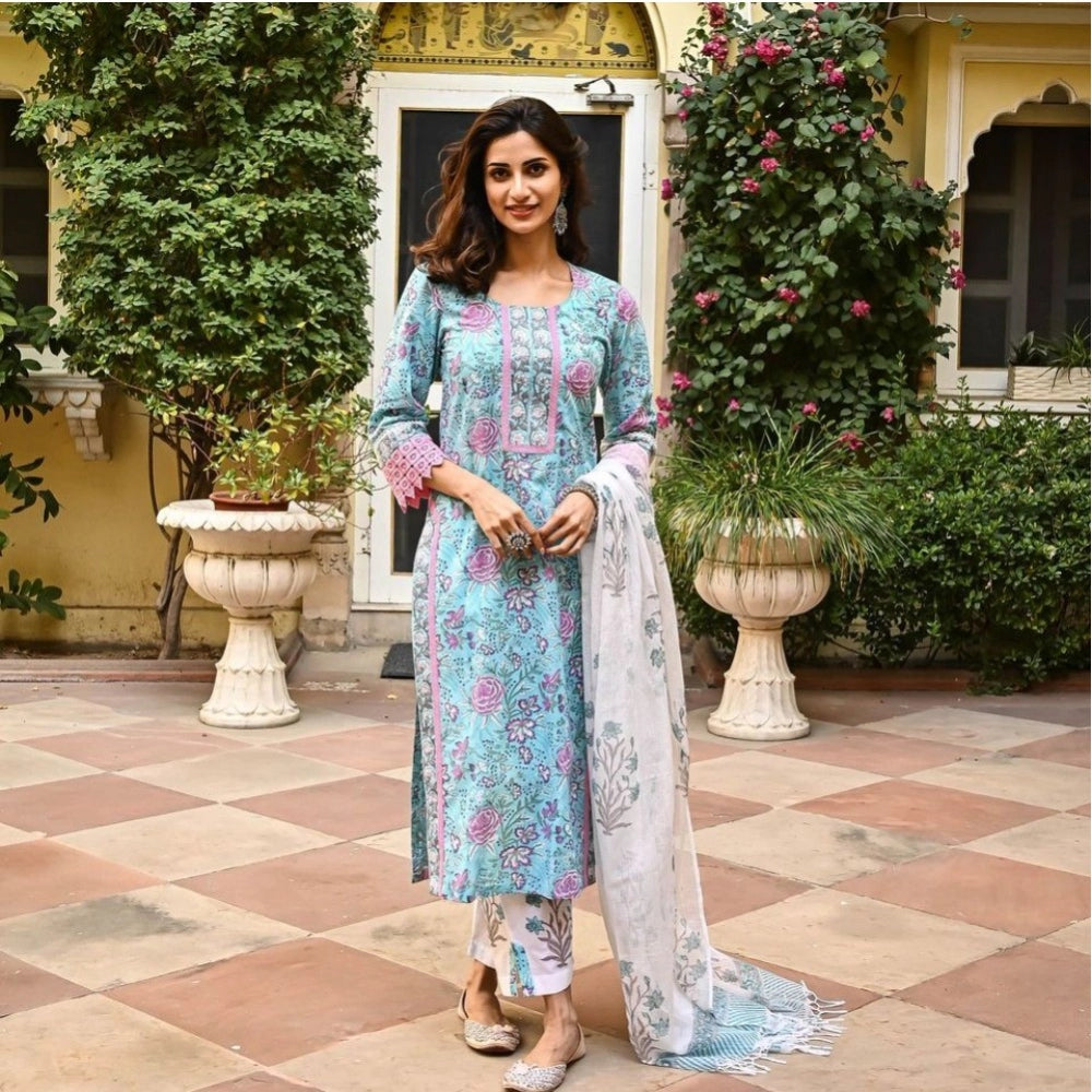 Women's Casual 3/4th Sleeve Floral Print Cotton Kurti Set (Skyblue)