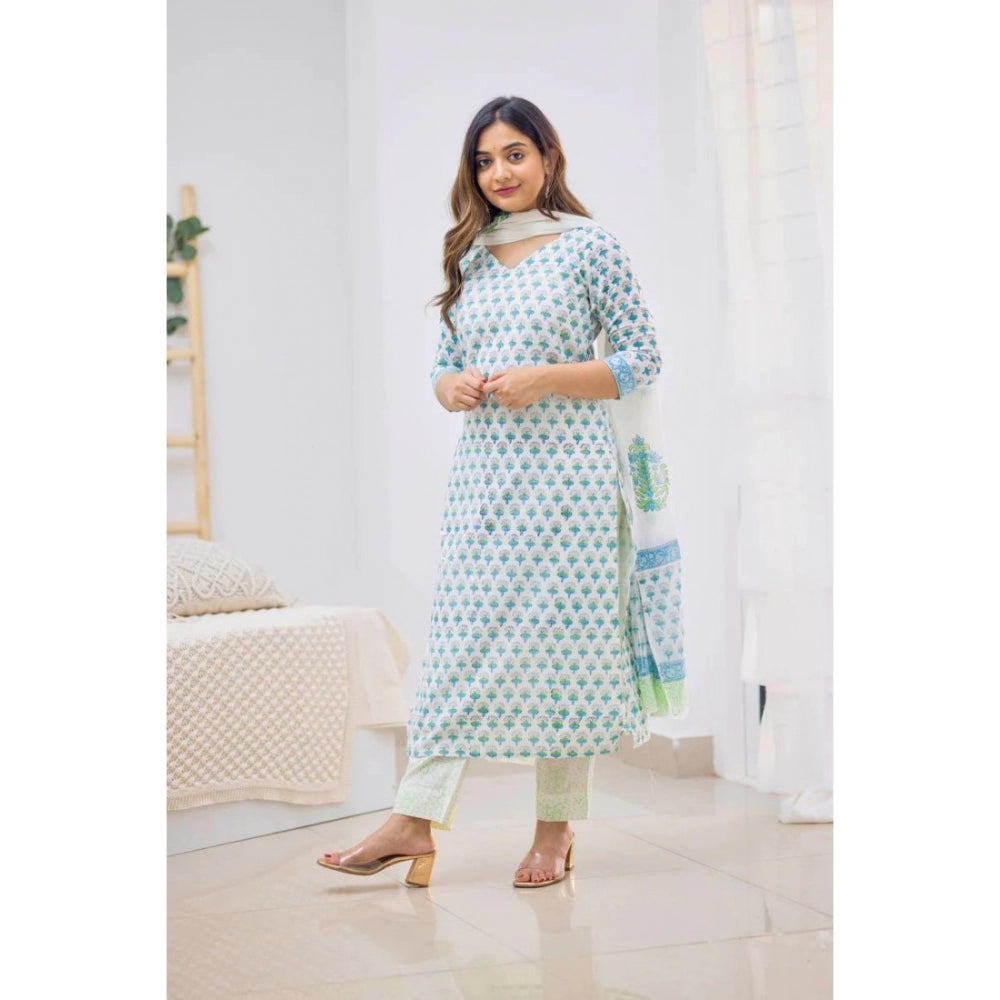 Women's Casual 3/4th Sleeve Printed Cotton Kurti Set (Sky Blue)