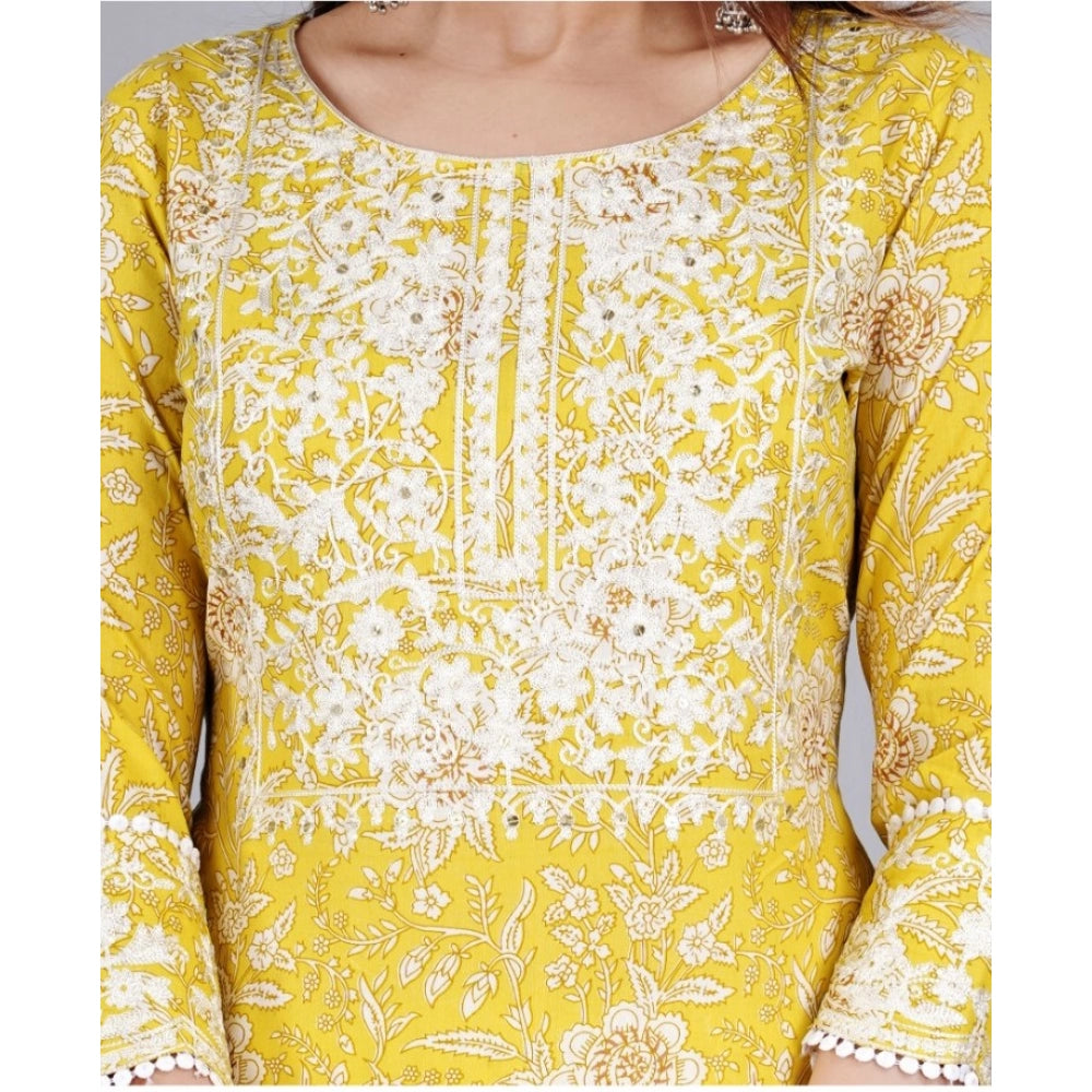 Women's Casual 3/4 Sleeve Embroidered Rayon Kurti With Pant And Dupatta Set (Yellow)