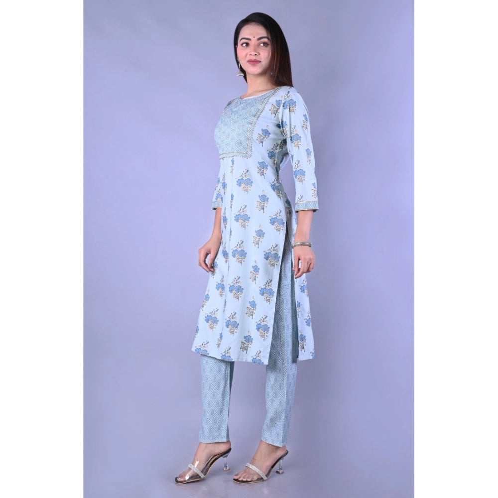 Women's Casual 3/4 Sleeve Printed Rayon Kurti With Pant Set (Blue)