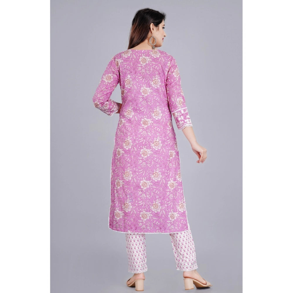 Women's Casual 3/4 Sleeve Embroidered Rayon Kurti With Pant And Dupatta Set (Purple)