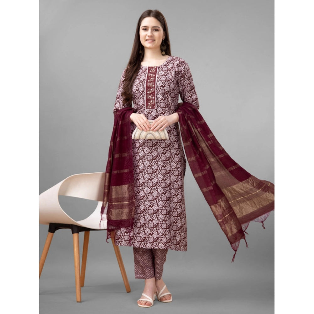 Women's Casual 3-4 th Sleeve Embroidery Rayon Kurti Pant Dupatta Set (Maroon)