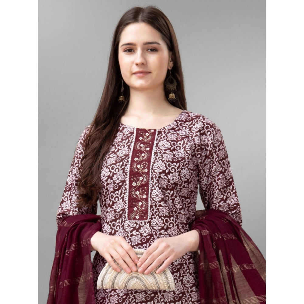 Women's Casual 3-4 th Sleeve Embroidery Rayon Kurti Pant Dupatta Set (Maroon)