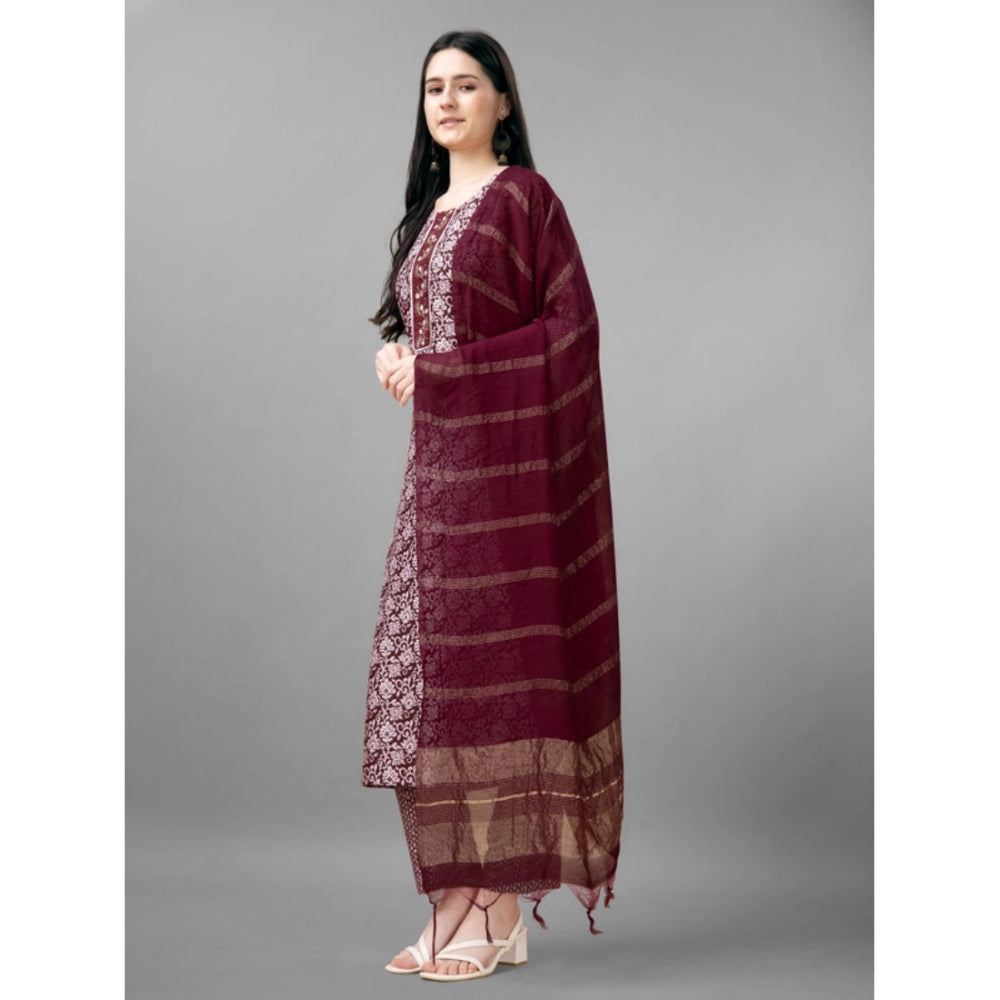 Women's Casual 3-4 th Sleeve Embroidery Rayon Kurti Pant Dupatta Set (Maroon)