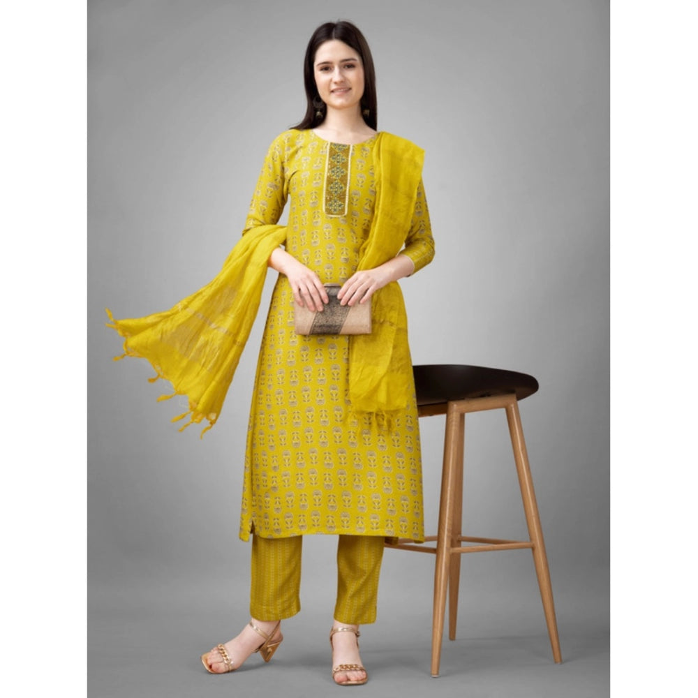 Women's Casual 3-4 th Sleeve Embroidery Rayon Kurti Pant Dupatta Set (Yellow)