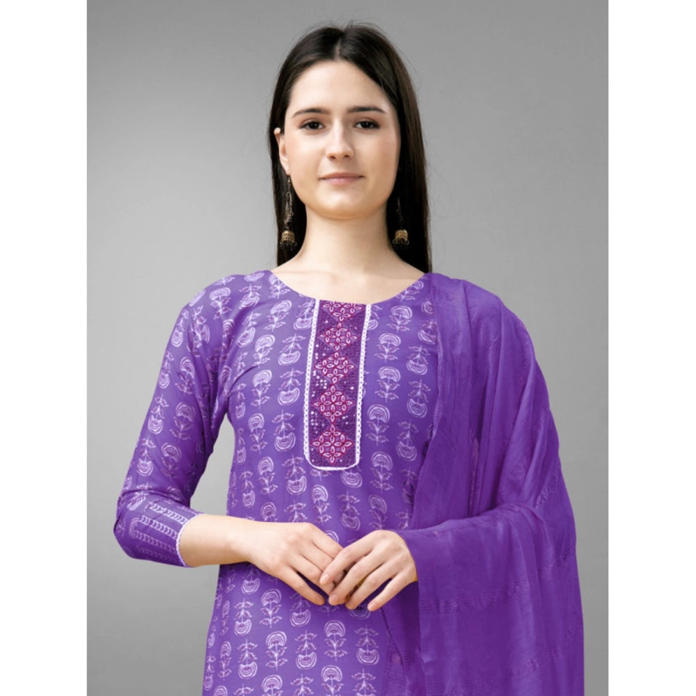 Women's Casual 3-4 th Sleeve Embroidery Rayon Kurti Pant Dupatta Set (Purple)