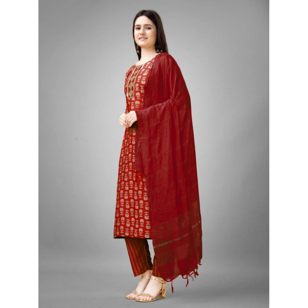 Women's Casual 3-4 th Sleeve Embroidery Rayon Kurti Pant Dupatta Set (Maroon)