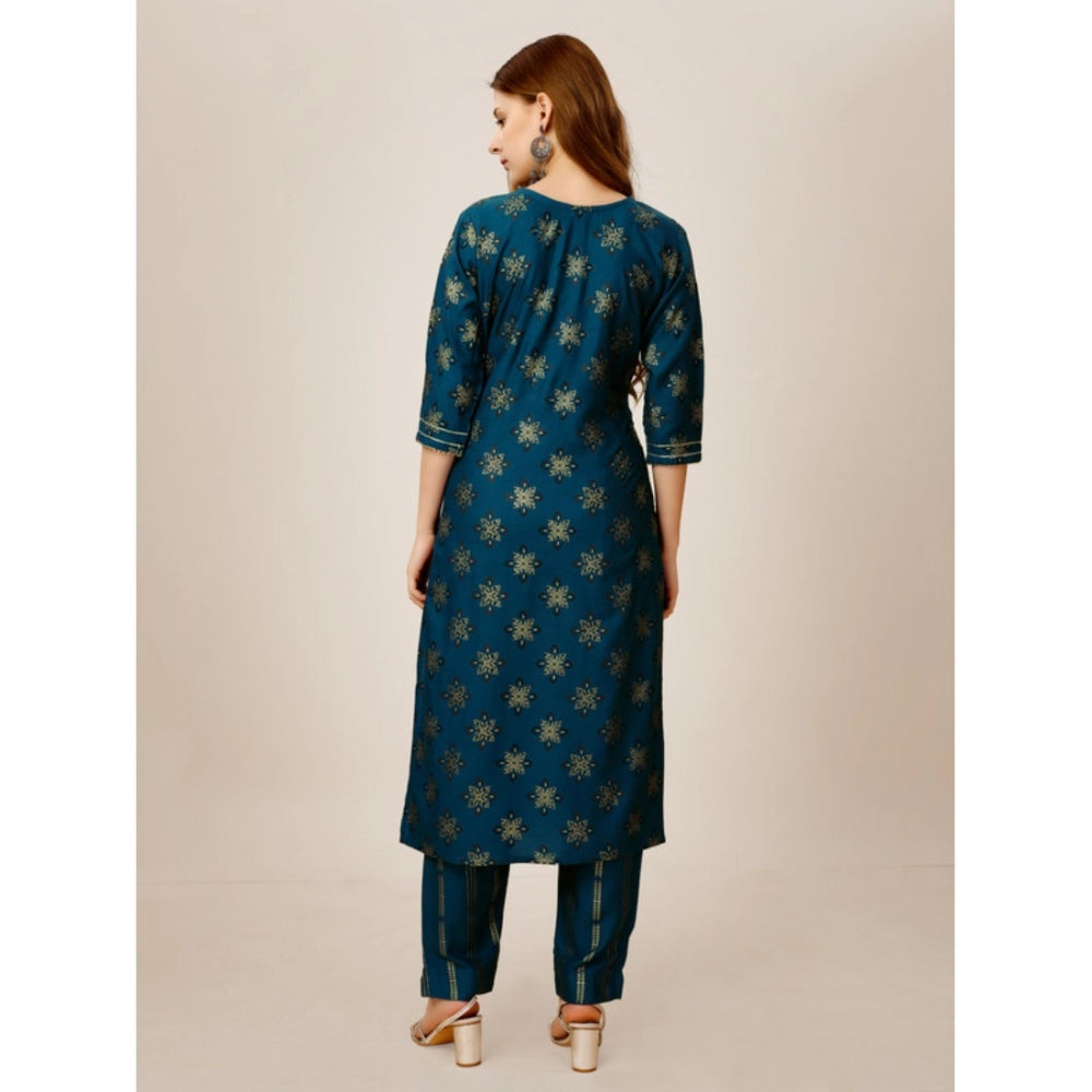 Women's Casual 3-4 th Sleeve Embroidery Rayon Kurti Pant Set (Blue)