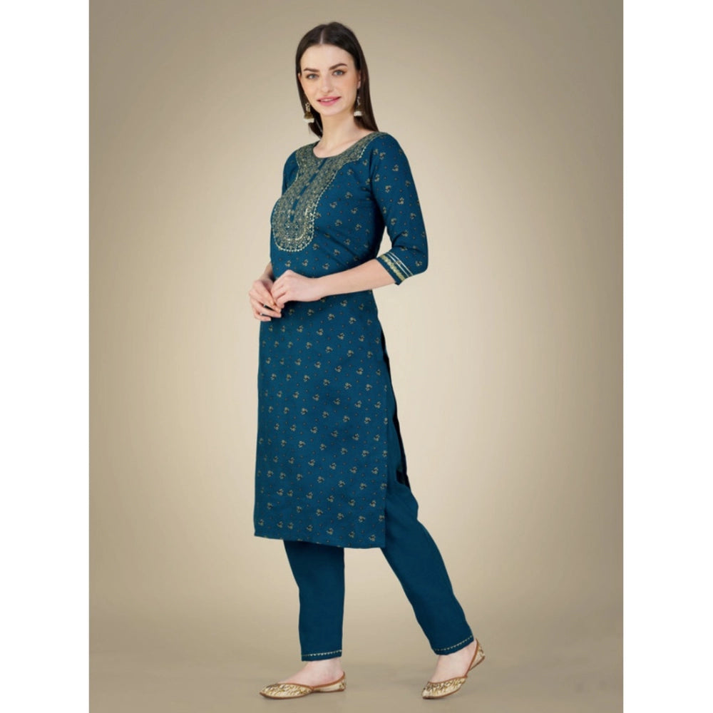 Women's Casual 3-4 th Sleeve Embroidery Cotton Kurti Pant Dupatta Set (Blue )