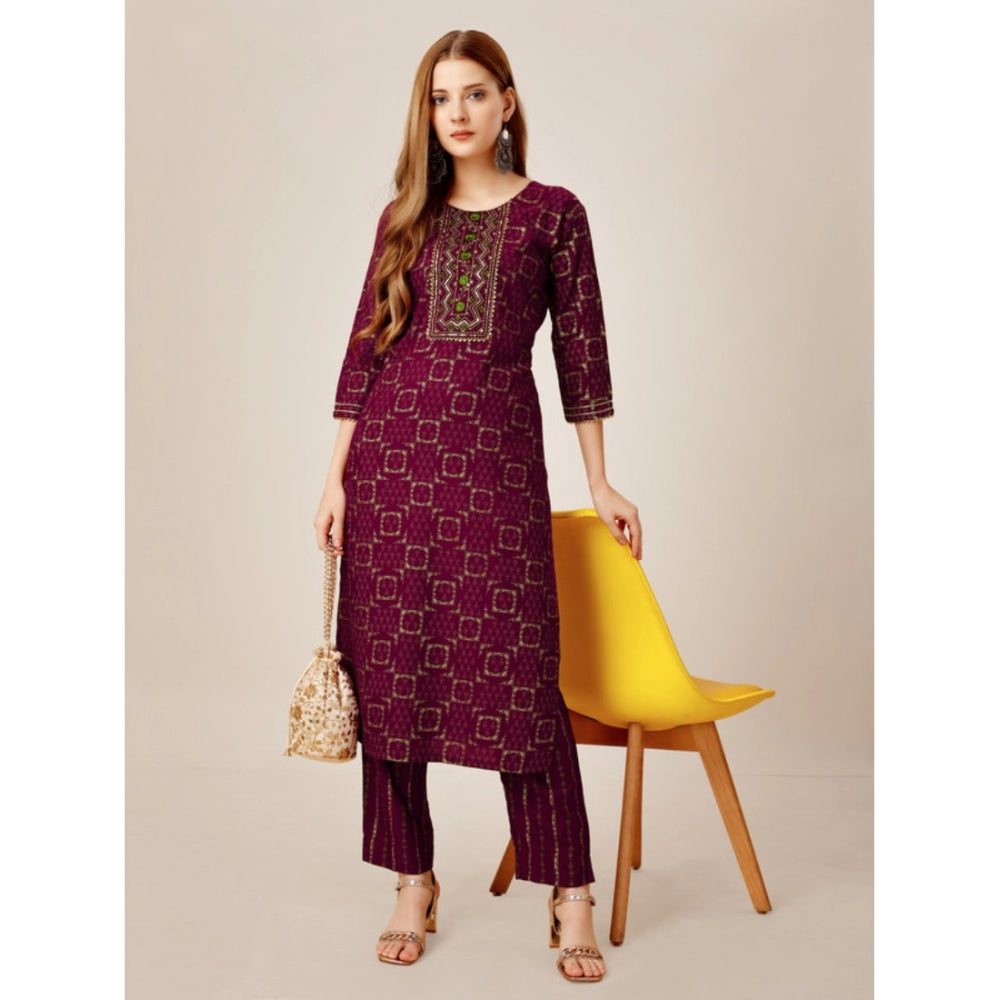 Women's Casual 3-4 th Sleeve Embroidery Rayon Kurti Pant Set (Purple)