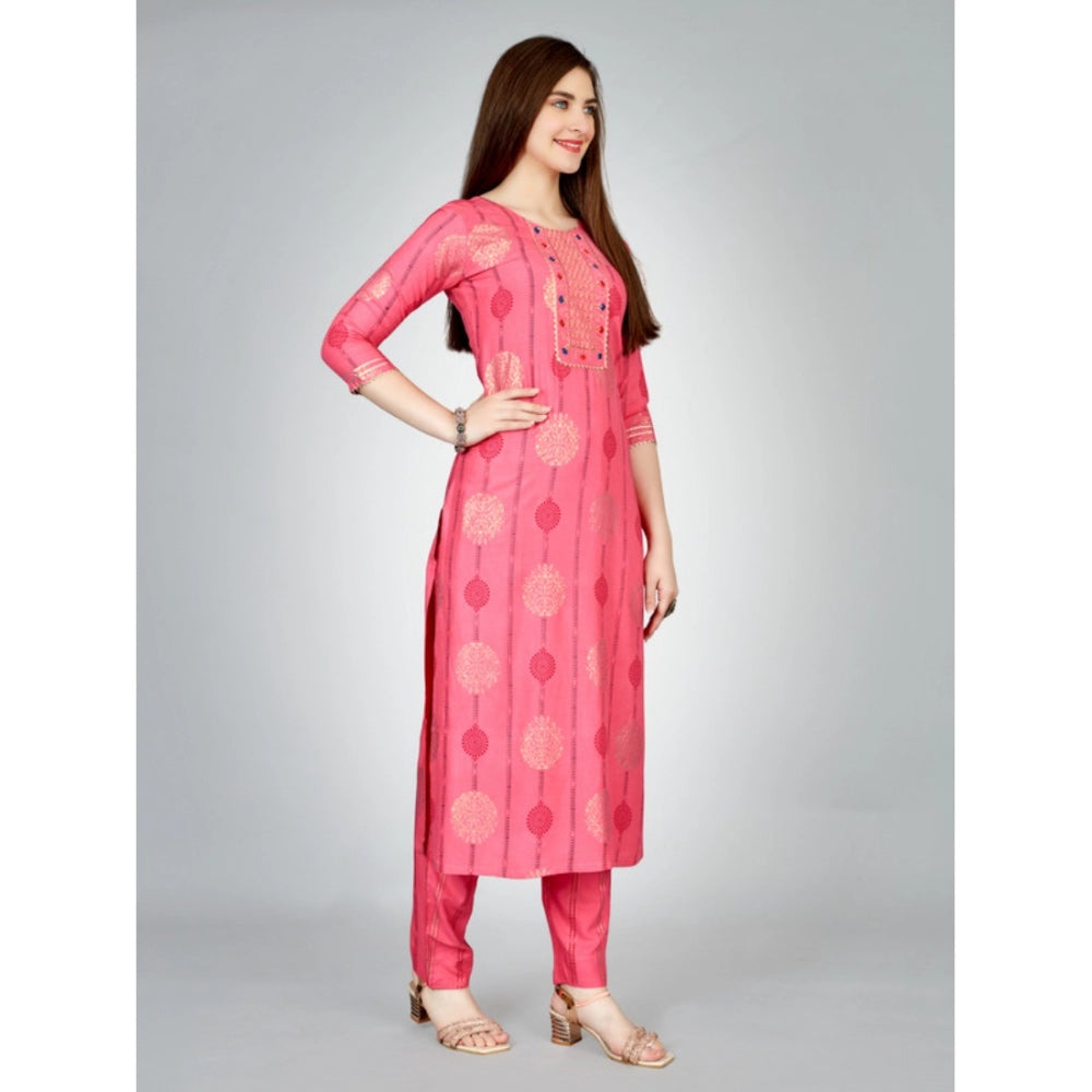 Women's Casual 3-4 th Sleeve Embroidery Rayon Kurti Pant Set (Pink)