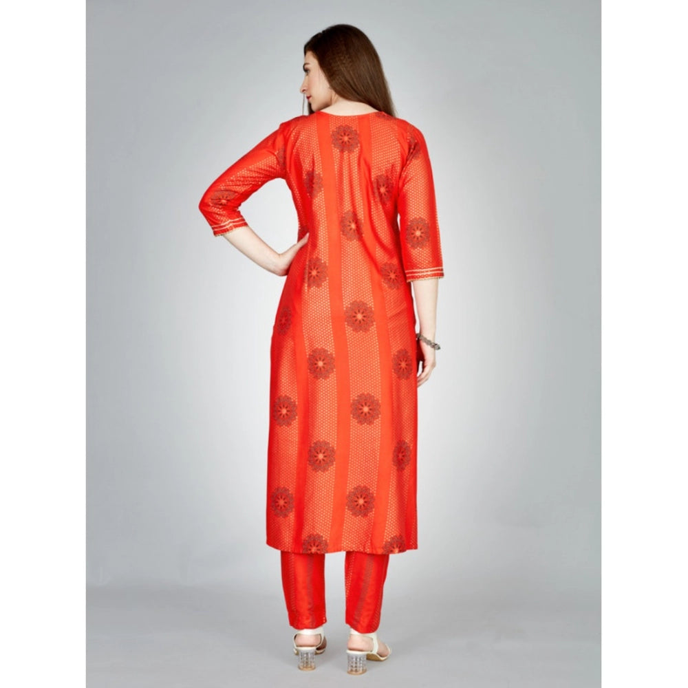 Women's Casual 3-4 th Sleeve Embroidery Rayon Kurti Pant Set (Orange)