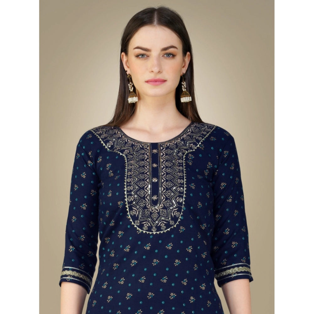 Women's Casual 3-4 th Sleeve Embroidery Cotton Kurti Pant Dupatta Set (Dark Blue)