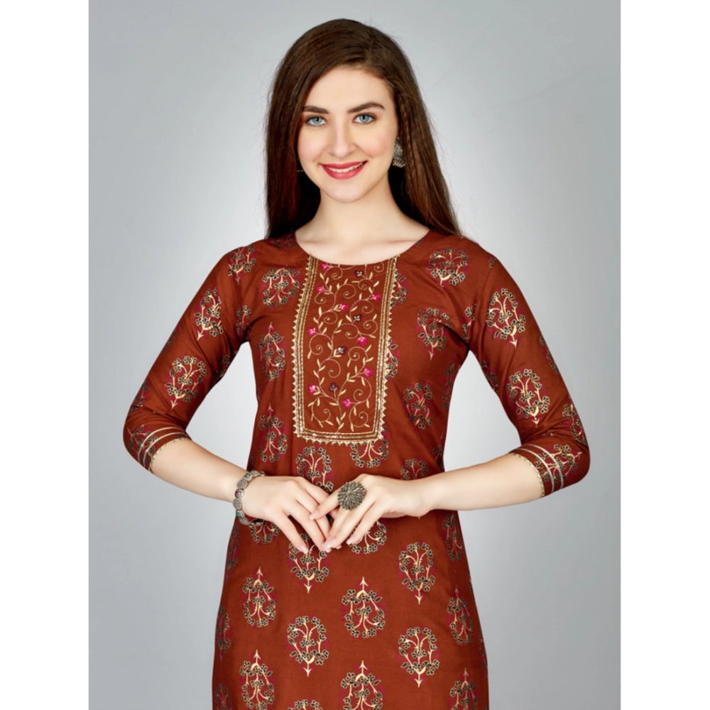 Women's Casual 3-4 th Sleeve Embroidery Rayon Kurti Pant Set (Brown)