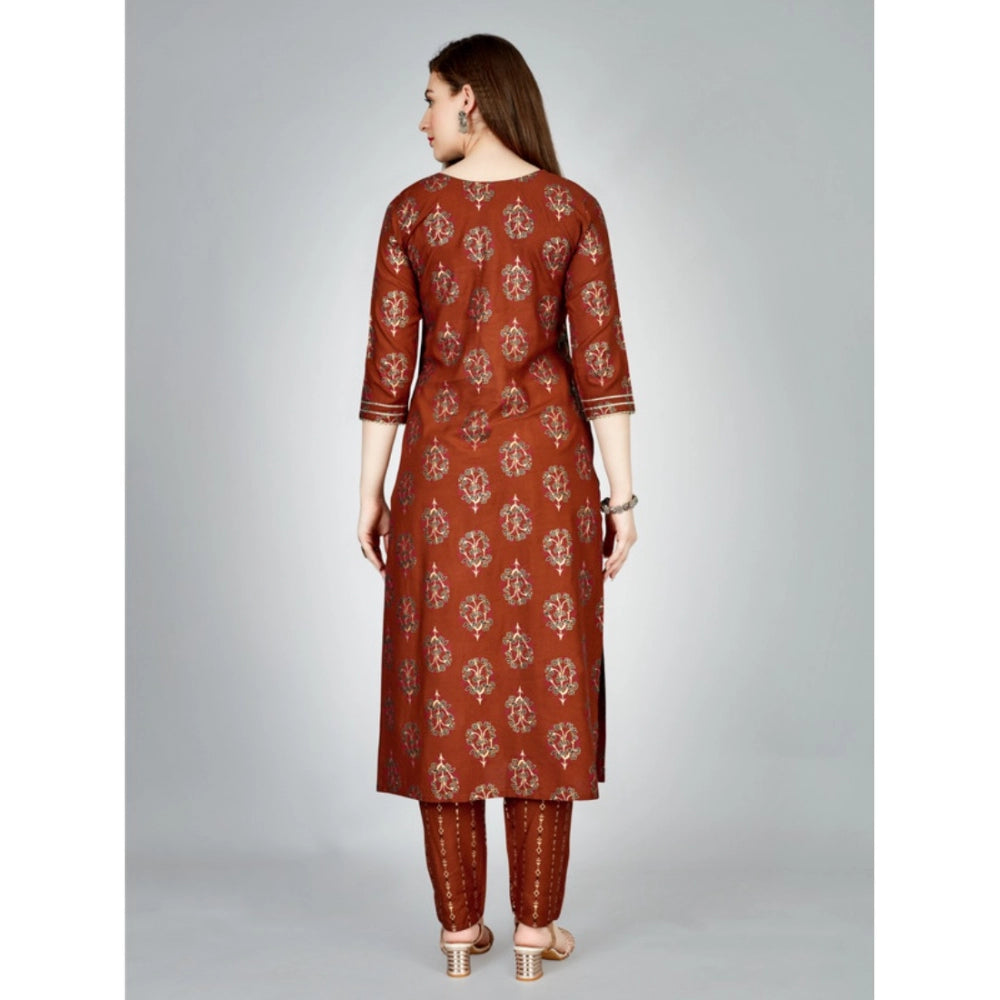 Women's Casual 3-4 th Sleeve Embroidery Rayon Kurti Pant Set (Brown)