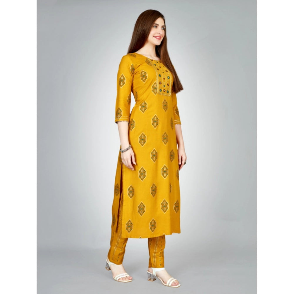 Women's Casual 3-4 th Sleeve Embroidery Rayon Kurti Pant Set (Yellow)