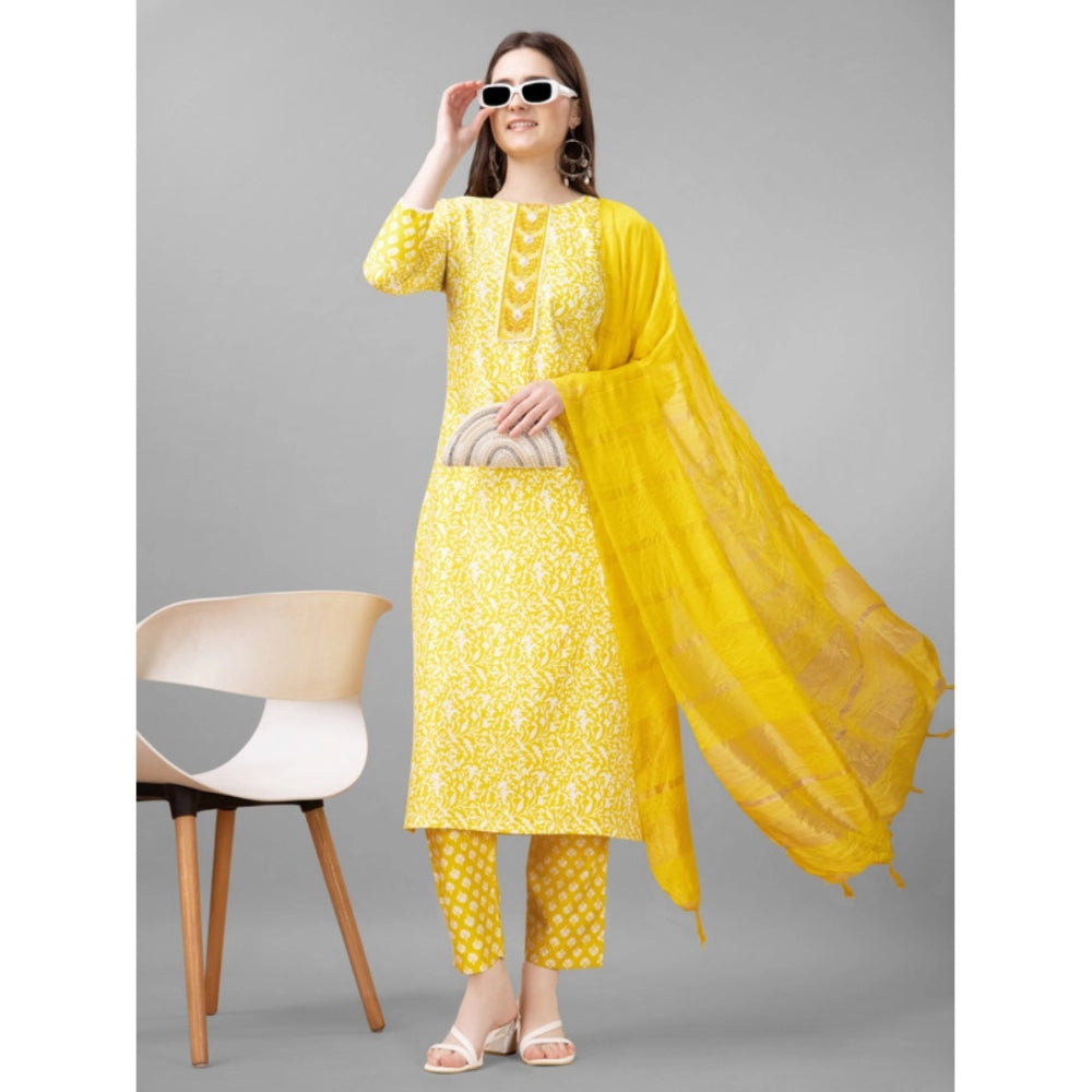 Women's Casual 3-4 th Sleeve Embroidery Rayon Kurti Pant Dupatta Set (Yellow)