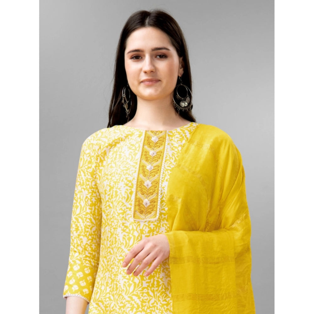 Women's Casual 3-4 th Sleeve Embroidery Rayon Kurti Pant Dupatta Set (Yellow)