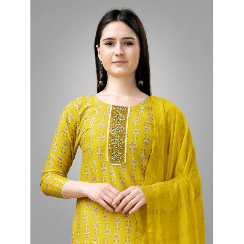 Women's Casual 3-4 th Sleeve Embroidery Rayon Kurti Pant Dupatta Set (Yellow)