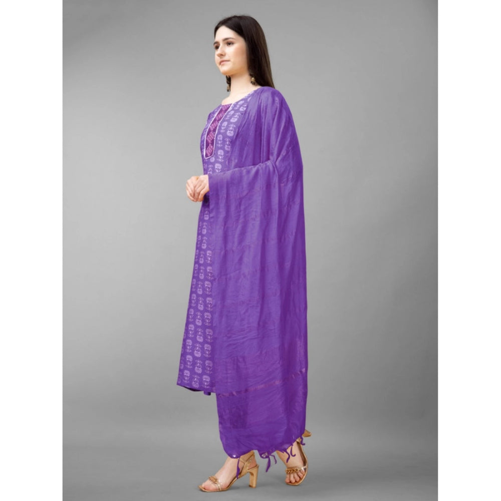 Women's Casual 3-4 th Sleeve Embroidery Rayon Kurti Pant Dupatta Set (Purple)