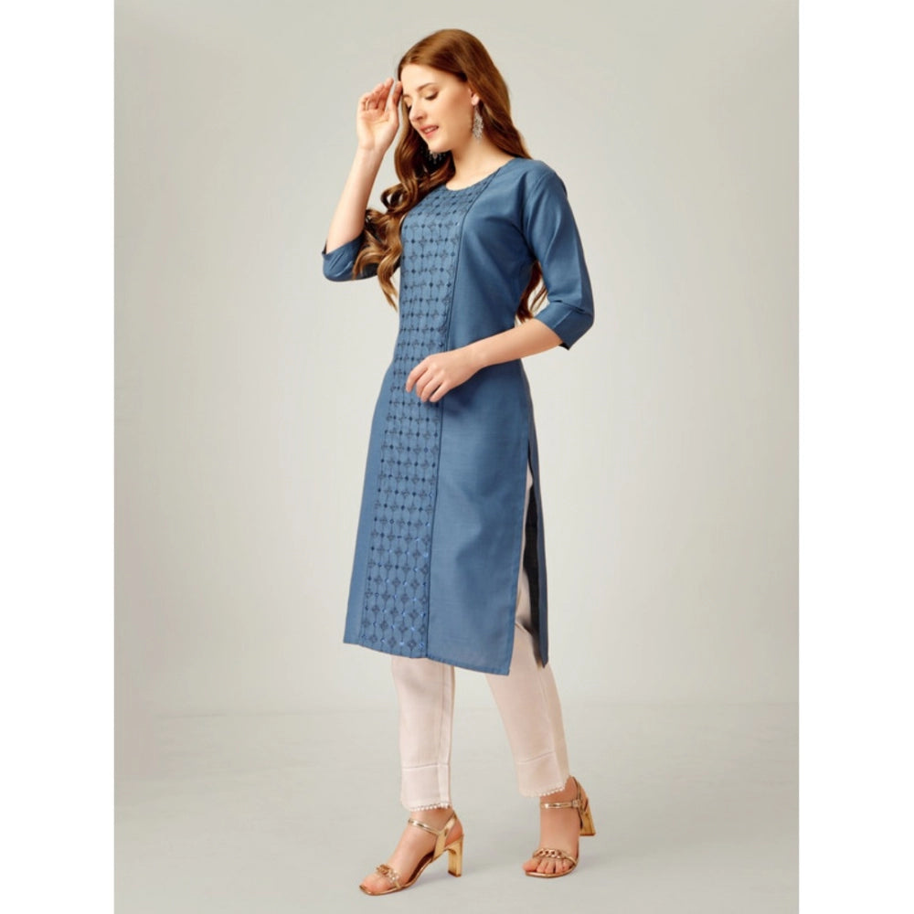 Women's Casual 3-4 th Sleeve Embroidery Cotton Kurti Pant Set (Light Blue)