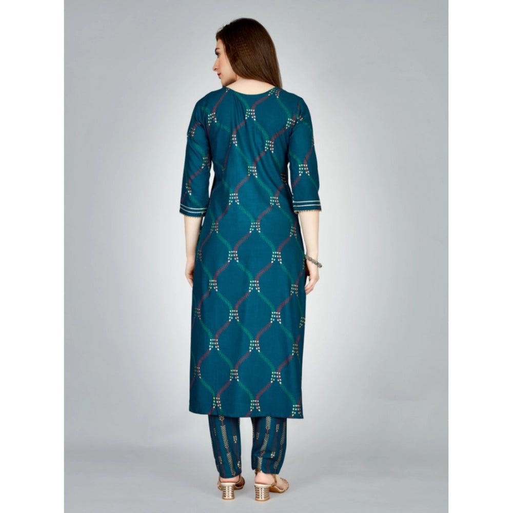 Women's Casual 3-4 th Sleeve Embroidery Rayon Kurti Pant Set (Dark Blue)