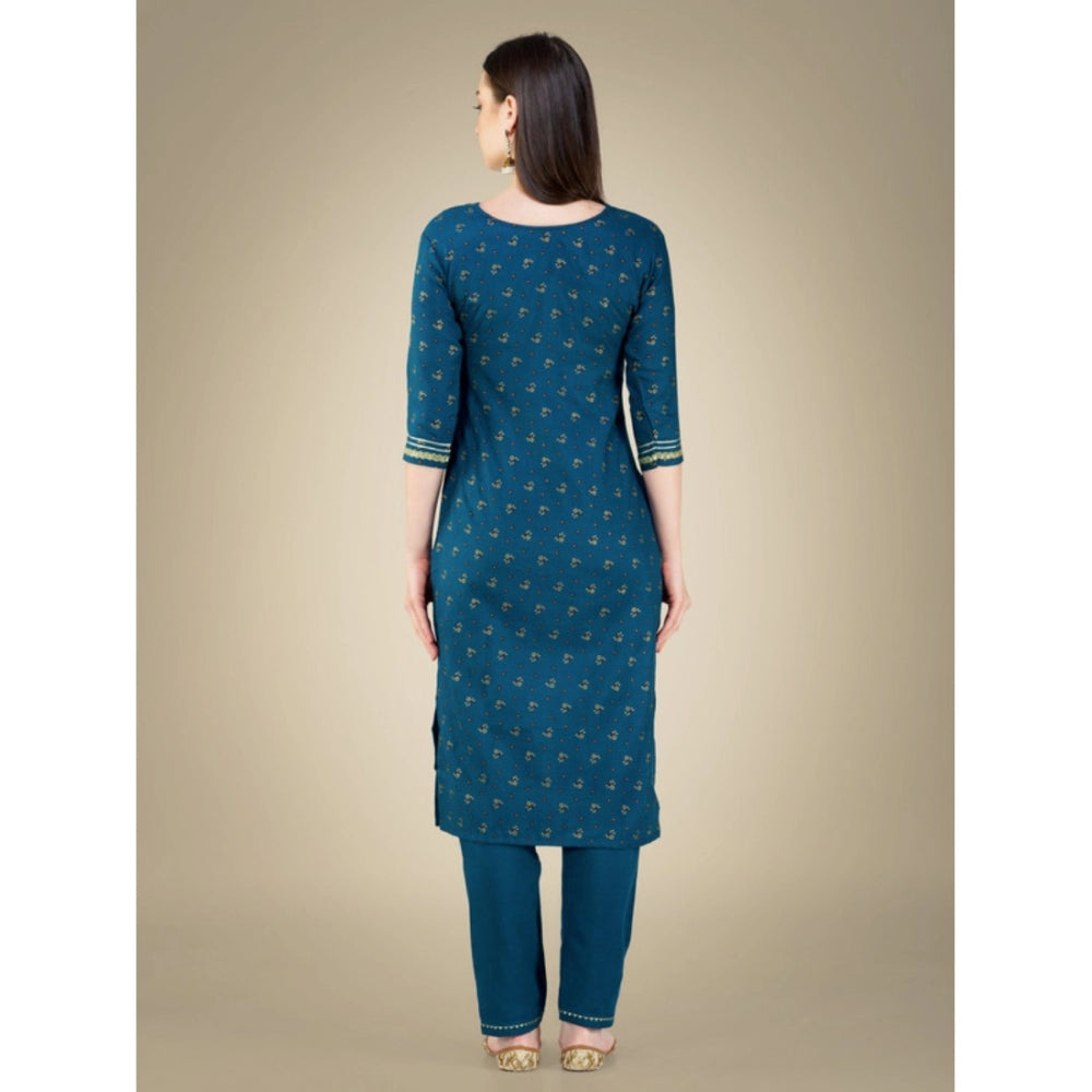 Women's Casual 3-4 th Sleeve Embroidery Cotton Kurti Pant Dupatta Set (Blue )