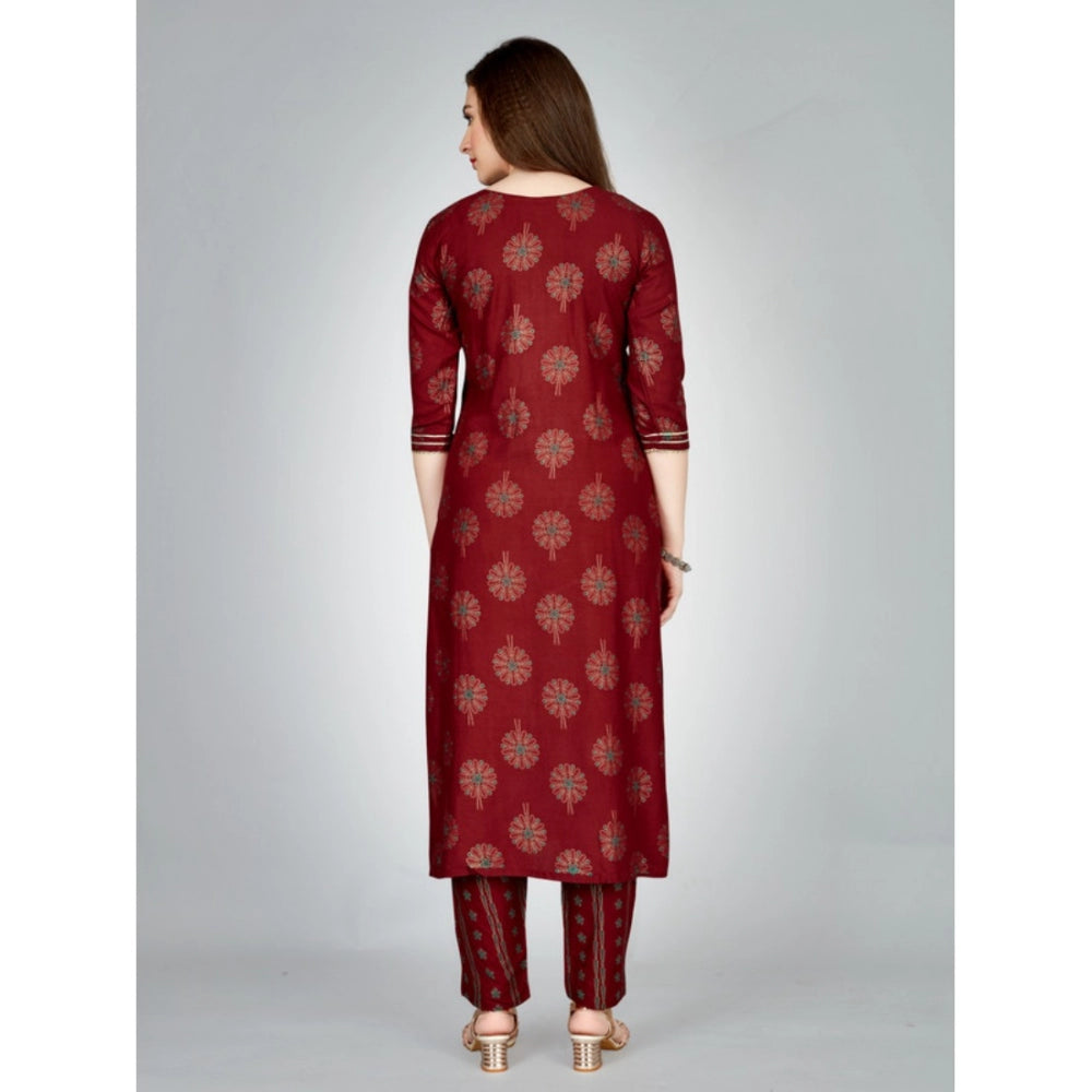 Women's Casual 3-4 th Sleeve Embroidery Rayon Kurti Pant Set (Maroon)