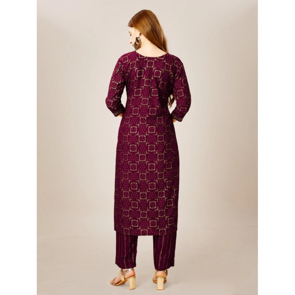 Women's Casual 3-4 th Sleeve Embroidery Rayon Kurti Pant Set (Purple)