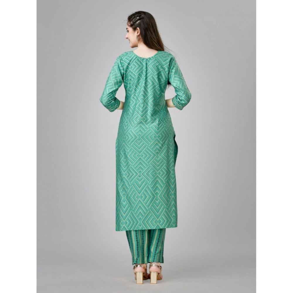 Women's Casual 3-4 th Sleeve Embroidery Rayon Kurti Pant Set (Green)