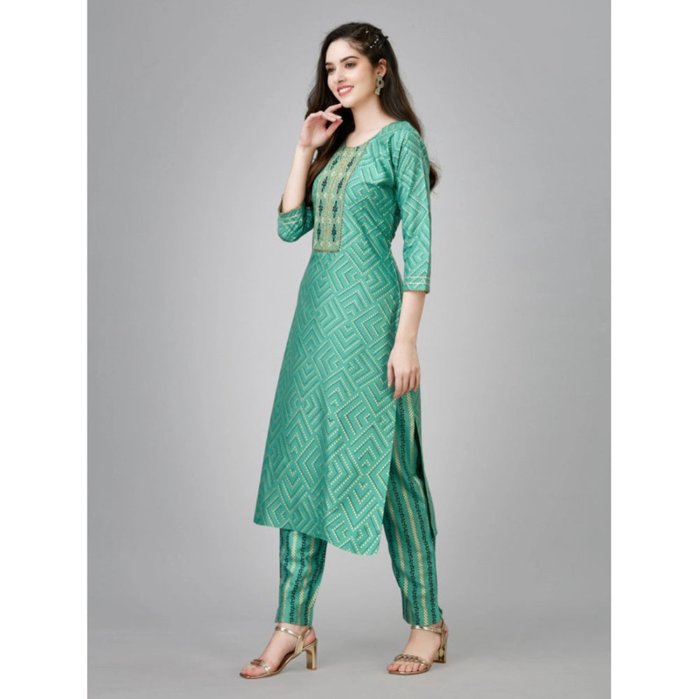 Women's Casual 3-4 th Sleeve Embroidery Rayon Kurti Pant Set (Green)